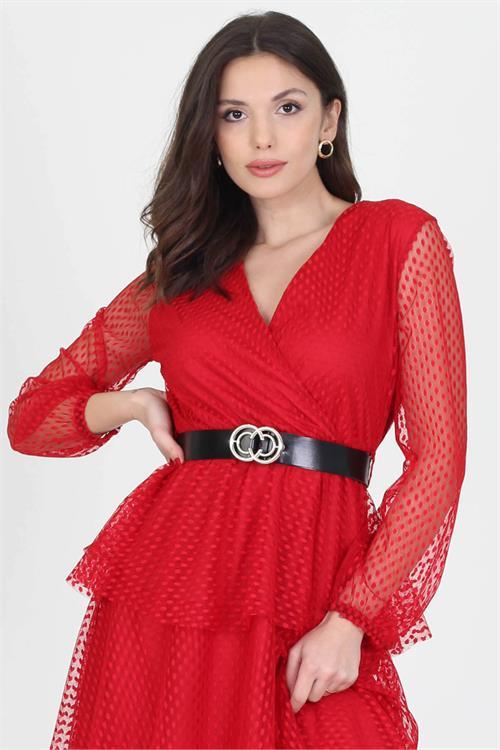 Dipmoda kadın kemerli yeni sezon midi boy eteği kat kat astarlı tül elbise RY10006 