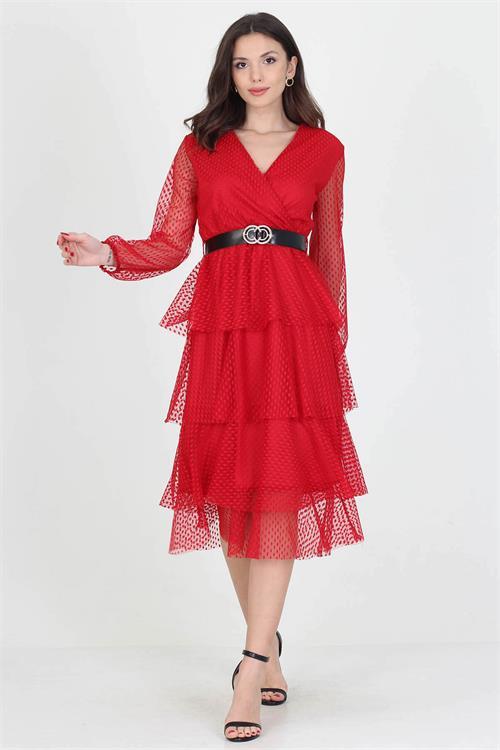 Dipmoda kadın kemerli yeni sezon midi boy eteği kat kat astarlı tül elbise RY10006 