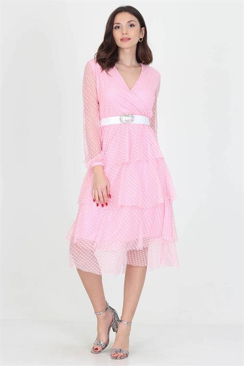 Dipmoda kadın kemerli yeni sezon midi boy eteği kat kat astarlı tül elbise RY10006 