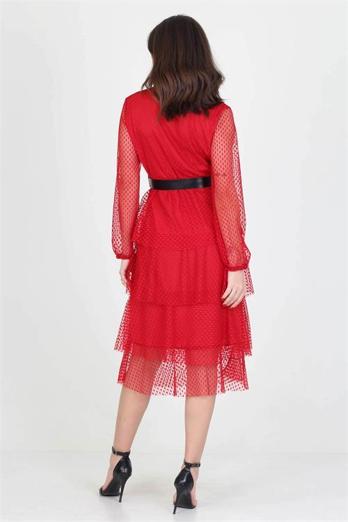 Dipmoda kadın kemerli yeni sezon midi boy eteği kat kat astarlı tül elbise RY10006 