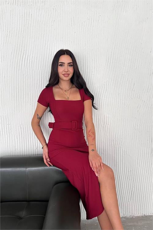 Dipmoda kadın kemerli yırtmaç detaylı likralı uzun elbise DPNBK4111