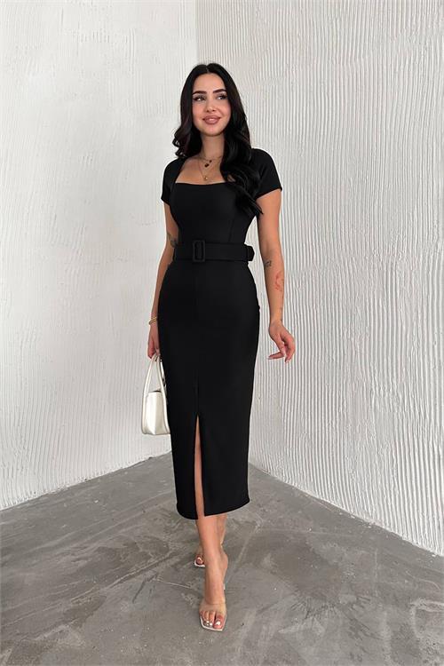 Dipmoda kadın kemerli yırtmaç detaylı likralı uzun elbise DPNBK4111