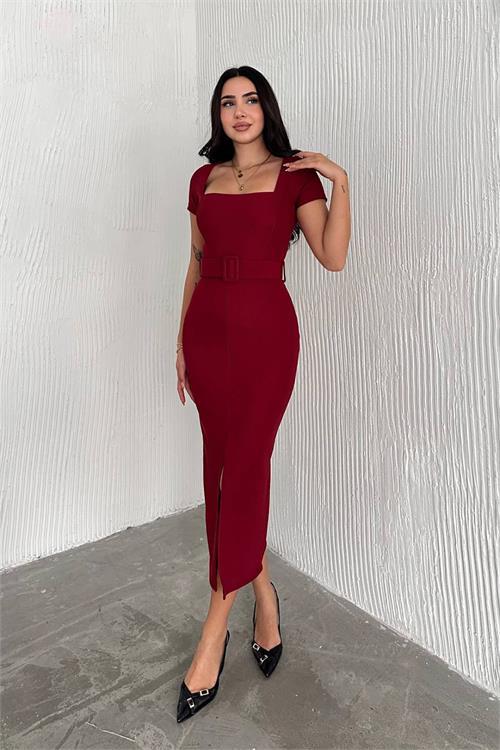 Dipmoda kadın kemerli yırtmaç detaylı likralı uzun elbise DPNBK4111