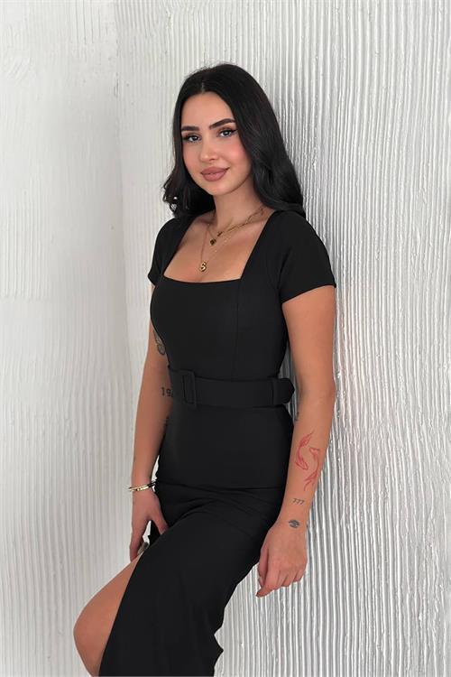 Dipmoda kadın kemerli yırtmaç detaylı likralı uzun elbise DPNBK4111