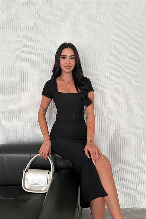 Dipmoda kadın kemerli yırtmaç detaylı likralı uzun elbise DPNBK4111