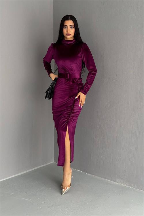 Dipmoda kadın kemerli yırtmaç detaylı uzun kadife elbise KKLF80 