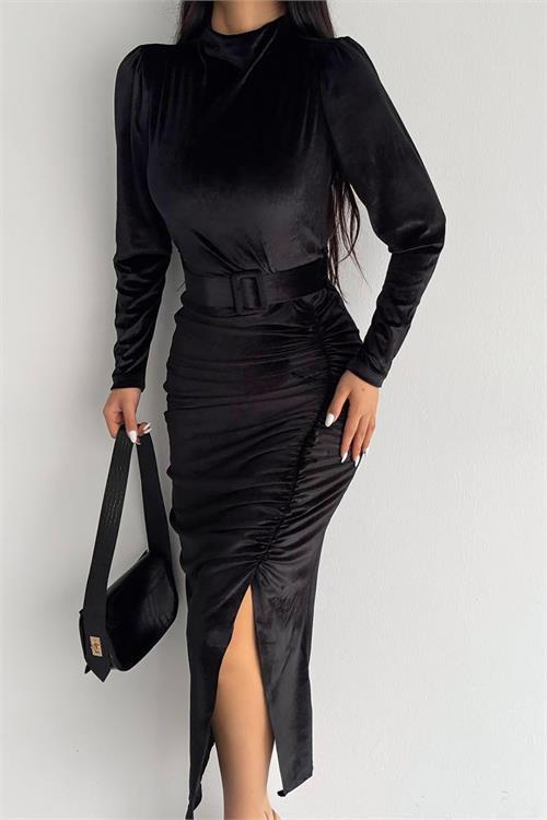 Dipmoda kadın kemerli yırtmaç detaylı uzun kadife elbise KKLF80 