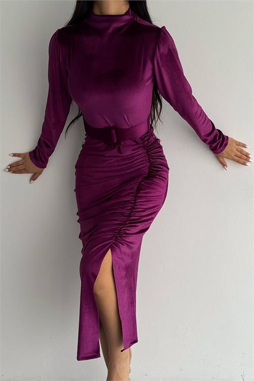 Dipmoda kadın kemerli yırtmaç detaylı uzun kadife elbise KKLF80 