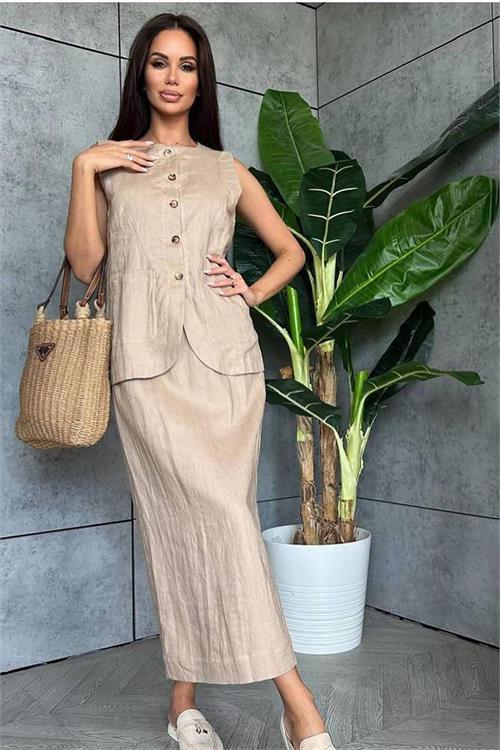Dipmoda kadın keten etek yelek alt üst ikili takım DPNBEMP1072
