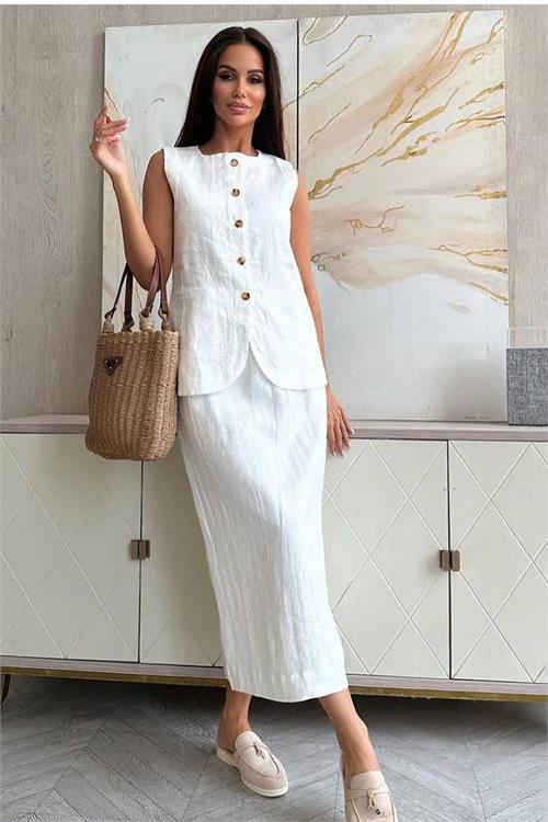 Dipmoda kadın keten etek yelek alt üst ikili takım DPNBEMP1072
