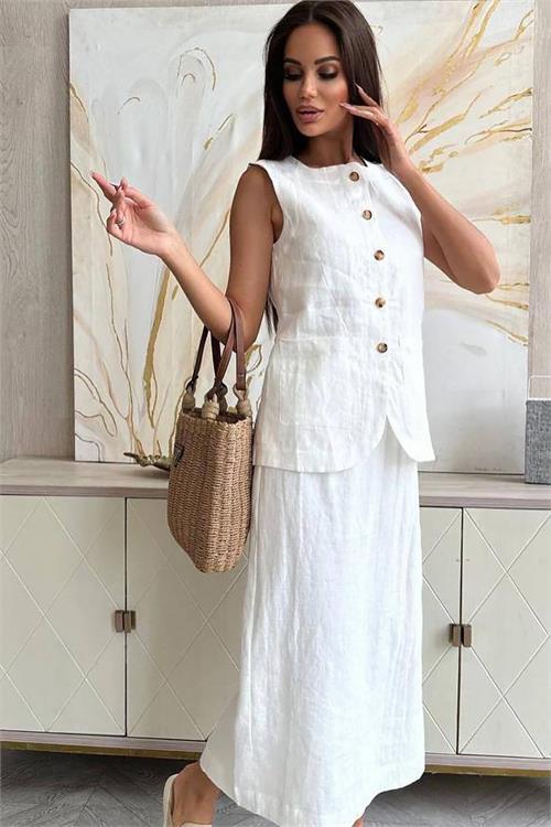 Dipmoda kadın keten etek yelek alt üst ikili takım DPNBEMP1072