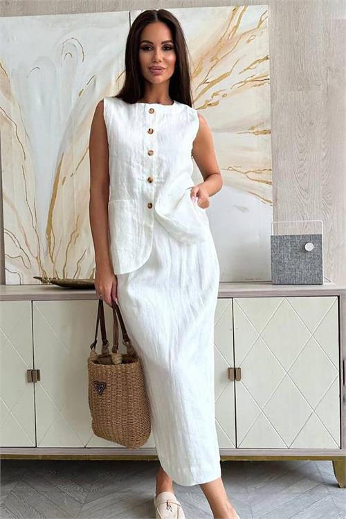 Dipmoda kadın keten etek yelek alt üst ikili takım DPNBEMP1072