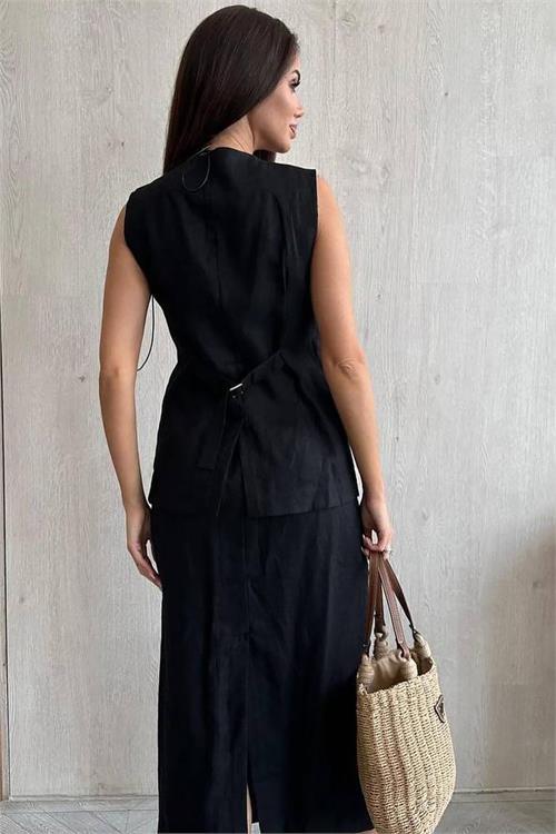 Dipmoda kadın keten etek yelek alt üst ikili takım DPNBEMP1072