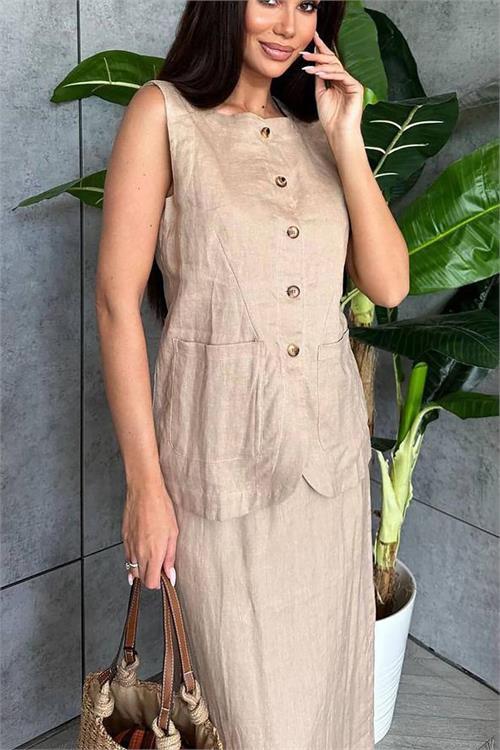 Dipmoda kadın keten etek yelek alt üst ikili takım DPNBEMP1072