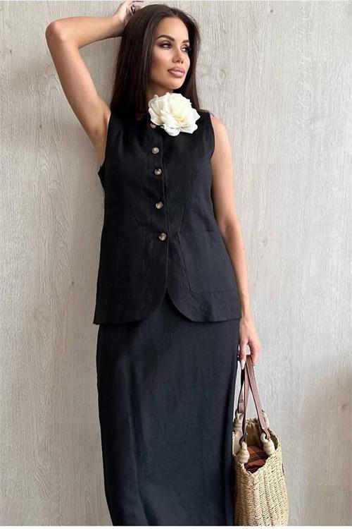 Dipmoda kadın keten etek yelek alt üst ikili takım DPNBEMP1072