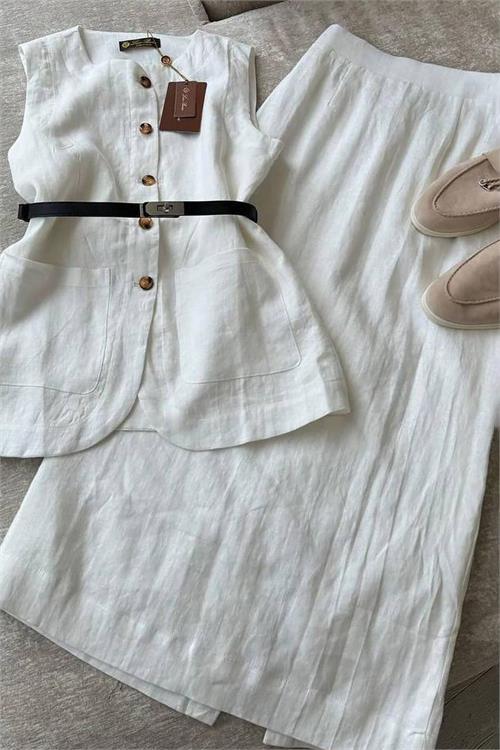 Dipmoda kadın keten etek yelek alt üst ikili takım DPNBEMP1072