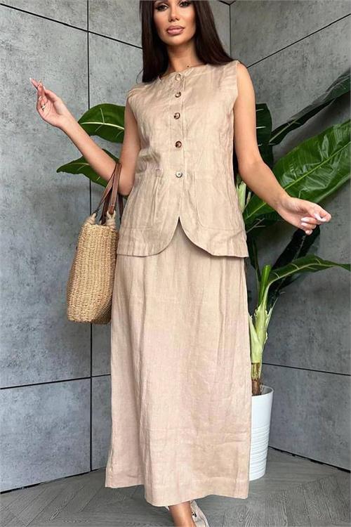Dipmoda kadın keten etek yelek alt üst ikili takım DPNBEMP1072