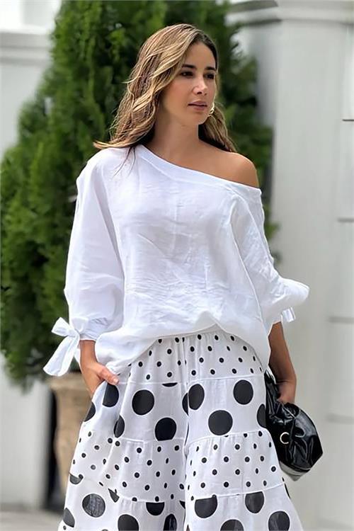 Dipmoda kadın keten puantiye desenli ikili takım DPNBEMP2480