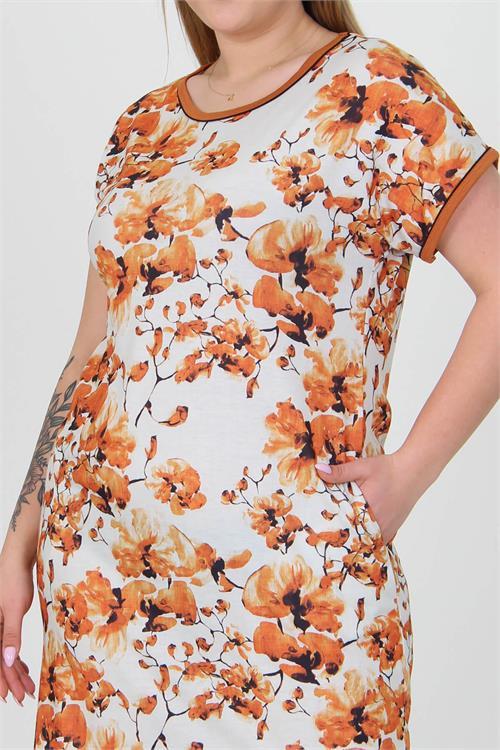 Dipmoda kadın kiremit çiçek desenli yazlık cep detaylı büyük beden elbise AYSL35 