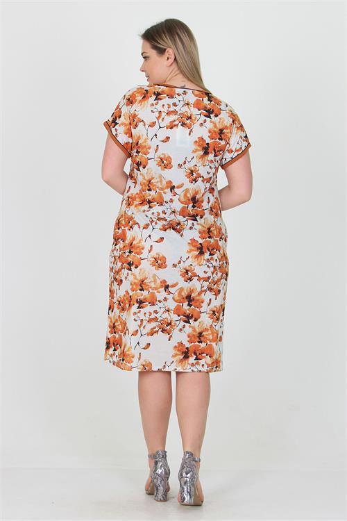 Dipmoda kadın kiremit çiçek desenli yazlık cep detaylı büyük beden elbise AYSL35 