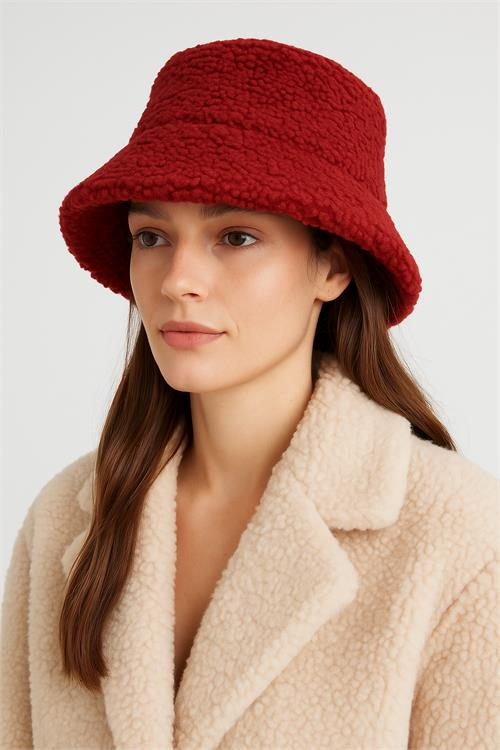 Dipmoda kadın kırmızı çift taraflı peluş bucket şapka DPAKS016