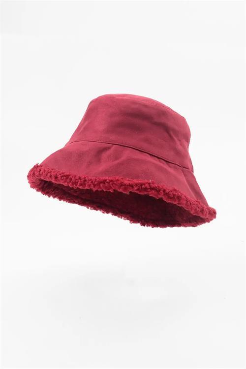 Dipmoda kadın kırmızı çift taraflı peluş bucket şapka DPAKS016