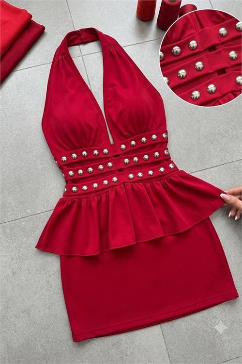 Dipmoda kadın kırmızı halter yaka taş detaylı mini boy dalgış kumaş peplum elbise DPDF265