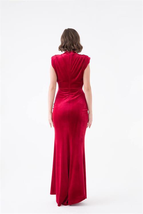 Dipmoda kadın kırmızı kadife vatkalı uzun abiye elbise NBS9338 