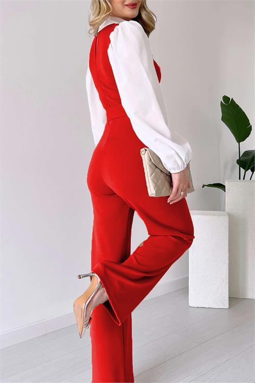 Dipmoda kadın kırmızı kemerli gömlek detaylı likralı tulum NBK2063