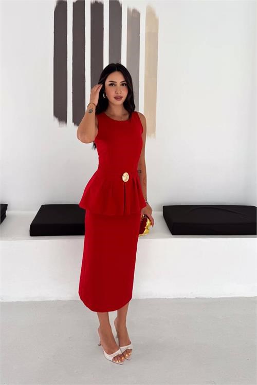 Dipmoda kadın kırmızı kolsuz peplum kesim midi boy kemer tokalı elbise DPK4640
