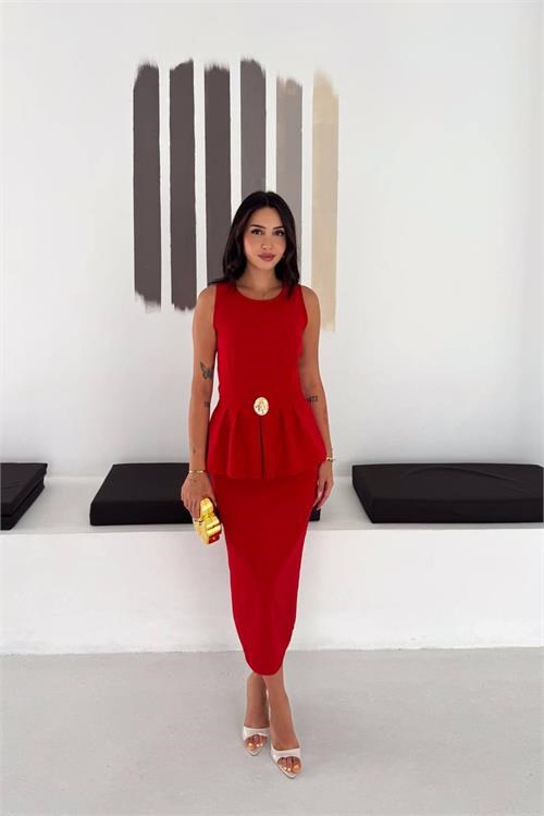 Dipmoda kadın kırmızı kolsuz peplum kesim midi boy kemer tokalı elbise DPK4640