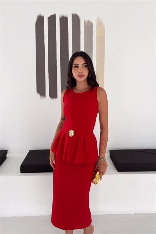 Dipmoda kadın kırmızı kolsuz peplum kesim midi boy kemer tokalı elbise DPK4640