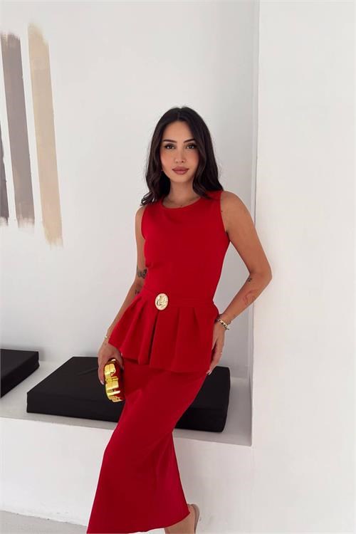 Dipmoda kadın kırmızı kolsuz peplum kesim midi boy kemer tokalı elbise DPK4640
