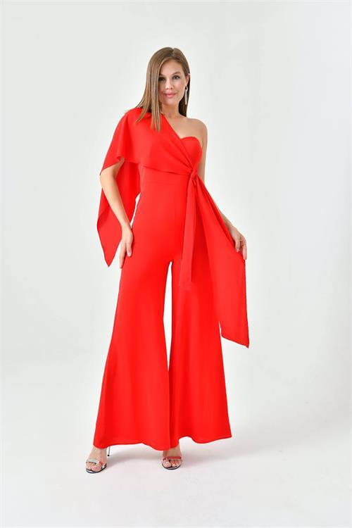 Dipmoda kadın kırmızı kuşaklı straplez abiye tulum NBS9355 