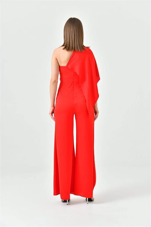 Dipmoda kadın kırmızı kuşaklı straplez abiye tulum NBS9355 