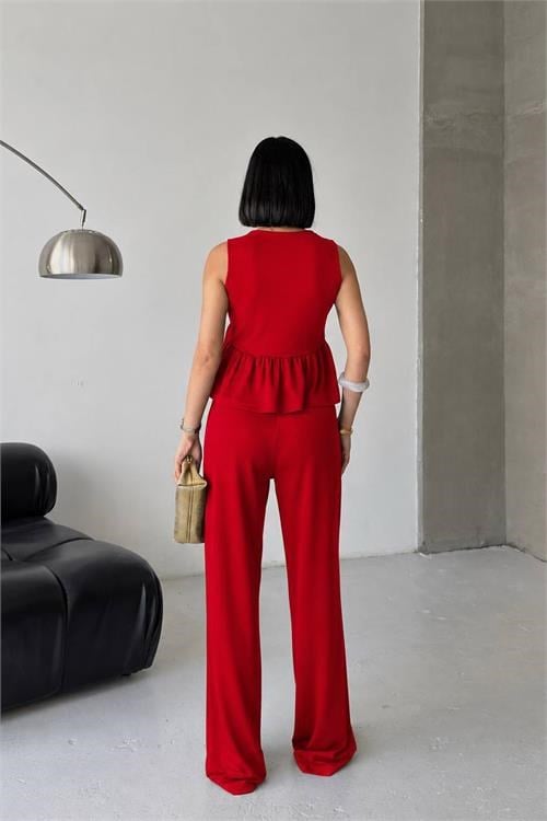 Dipmoda kadın kırmızı modal kumaş volanlı atlet geniş paça pantolon yazlık ikili takım DPG132