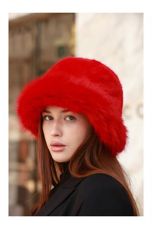 Dipmoda kadın kırmızı peluş kalpak şapka DPAKS001