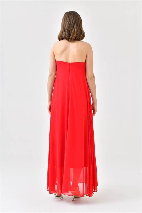 Dipmoda kadın kırmızı şifon gül detaylı uzun abiye elbise NBS9351 