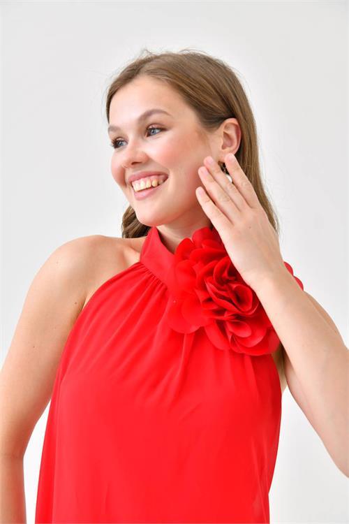 Dipmoda kadın kırmızı şifon gül detaylı uzun abiye elbise NBS9351 