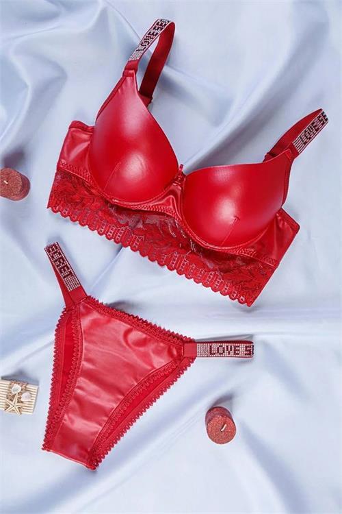 Dipmoda kadın kırmızı taş detaylı Push-up destekli deri bralet takım BHR1010 