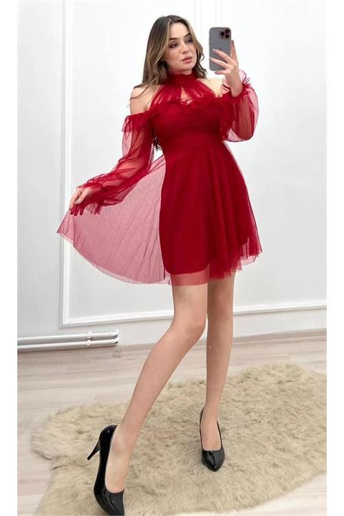 Dipmoda kadın kırmızı tül mini abiye elbise NBSWLL09 