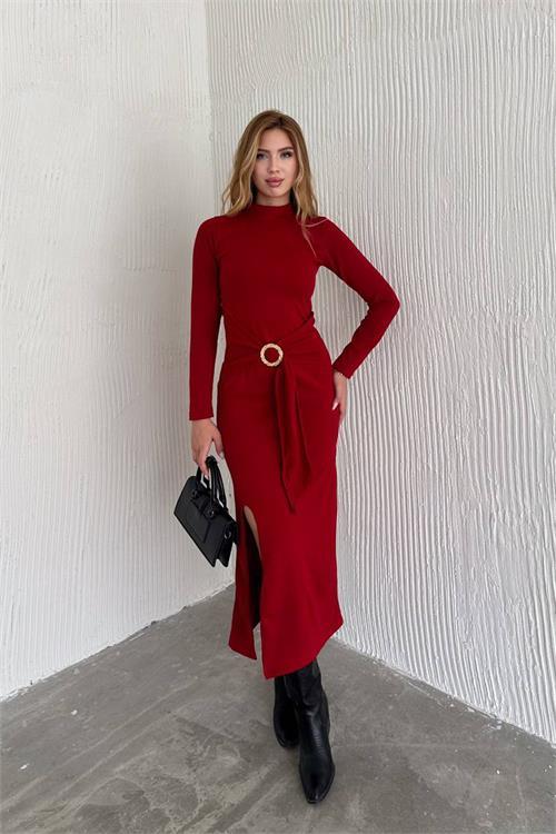 Dipmoda kadın kırmızı uzun kemer detaylı elbise NBK2216