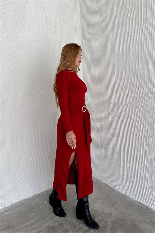 Dipmoda kadın kırmızı uzun kemer detaylı elbise NBK2216