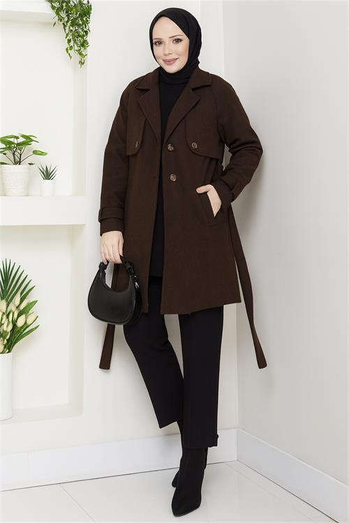 Dipmoda kadın kısa boy kuşaklı düğmeli astarlı kaşe kaban DPFT003