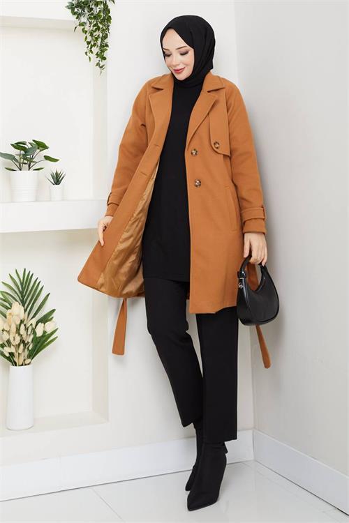 Dipmoda kadın kısa boy kuşaklı düğmeli astarlı kaşe kaban DPFT003
