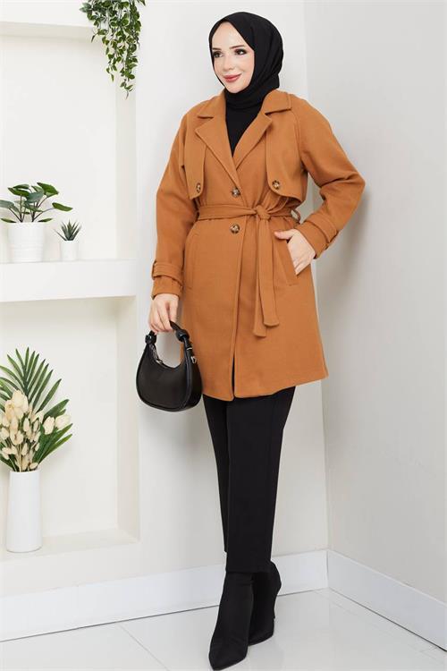Dipmoda kadın kısa boy kuşaklı düğmeli astarlı kaşe kaban DPFT003