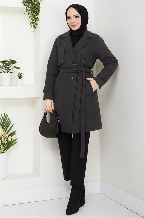 Dipmoda kadın kısa boy kuşaklı düğmeli astarlı kaşe kaban DPFT003