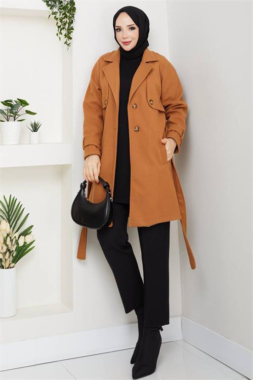 Dipmoda kadın kısa boy kuşaklı düğmeli astarlı kaşe kaban DPFT003