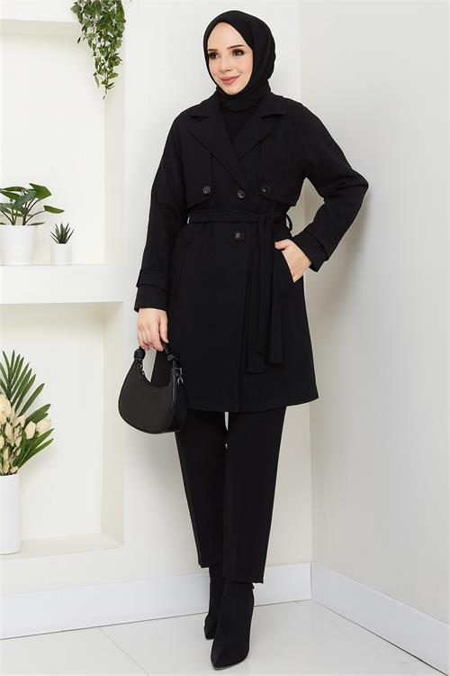 Dipmoda kadın kısa boy kuşaklı düğmeli astarlı kaşe kaban DPFT003