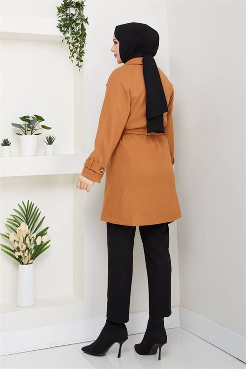 Dipmoda kadın kısa boy kuşaklı düğmeli astarlı kaşe kaban DPFT003